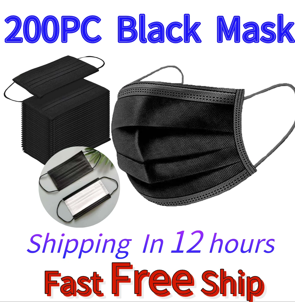 

200PC Breathable Mask For Face Masque Noir Adult Women Men 3 -layer Disposable Masks Mascarillas Negras Halloween Cosplay