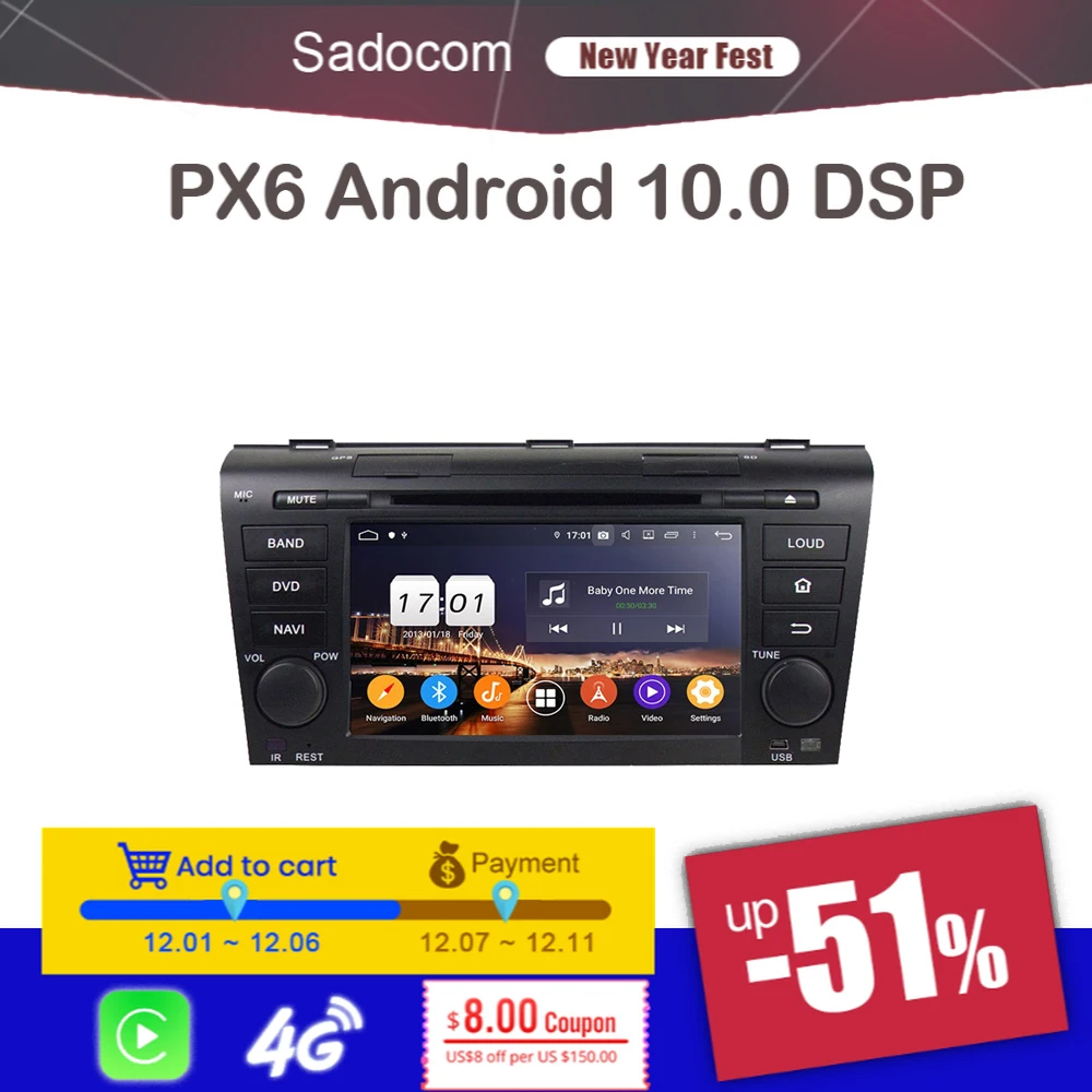 Автомобильный мультимедийный DVD-плеер DSP PX6 Android 11 0 2 din 8 ядер 4 Гб + 64 ГБ для Mazda 3