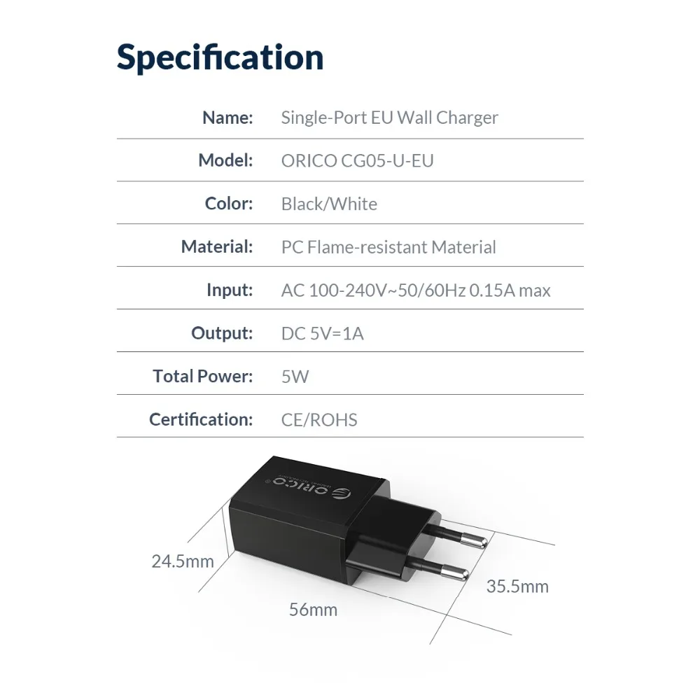 ORICO Mini USB зарядное устройство 5V2A 5V1A умный зарядный адаптер зарядка для мобильного телефона планшета ЕС вилка USB зарядное устройство