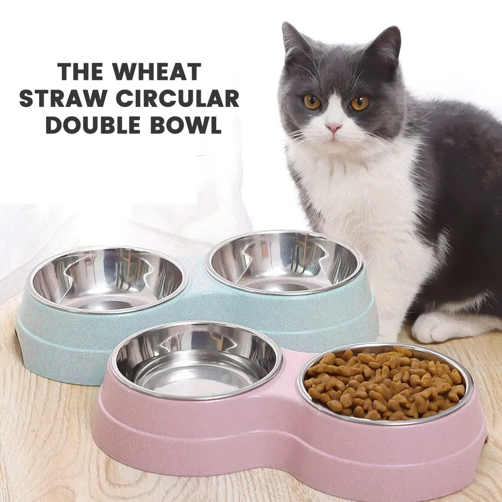 

Двойная миска для домашних животных, кормушка для собак, питьевая миска из нержавеющей стали для домашних животных, питьевая миска для коше...