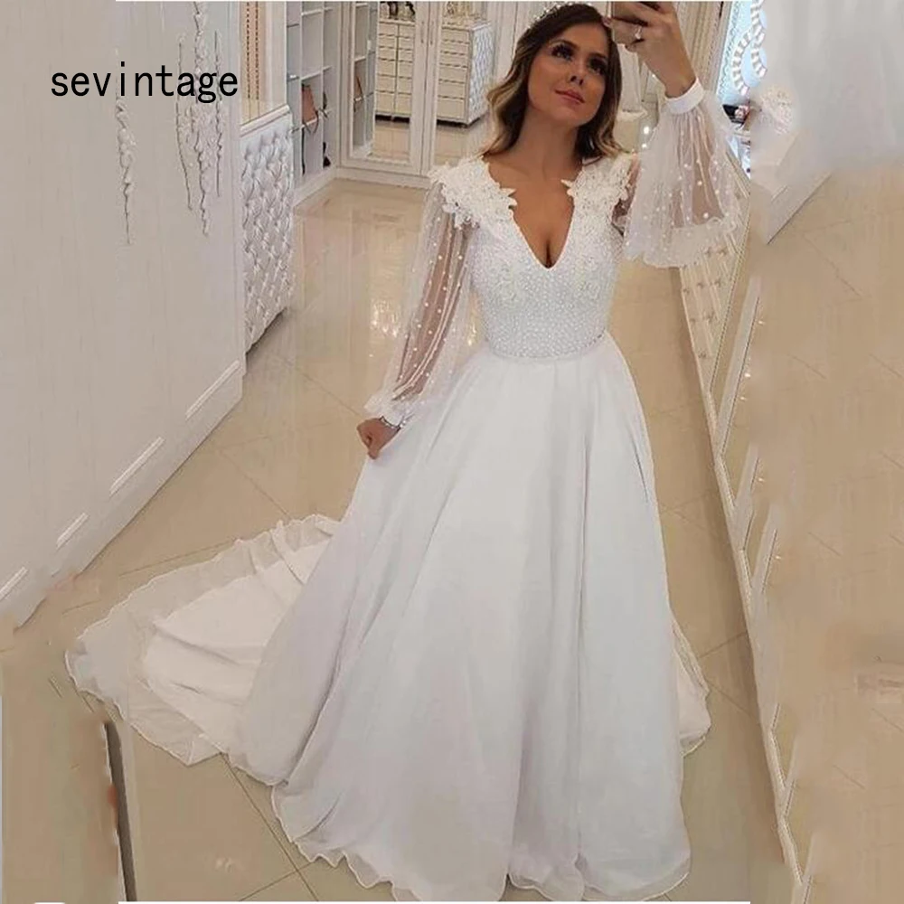 Белое свадебное платье с длинным рукавом sevintage шифоновое искусственным жемчугом