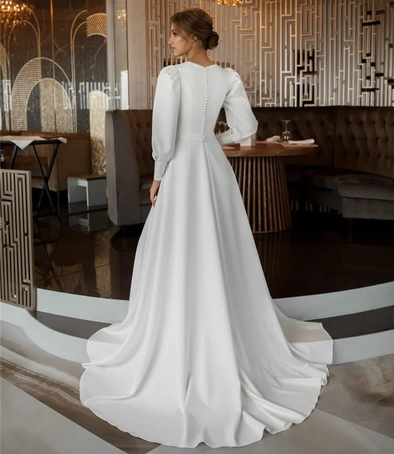 

Vestido De Mariee Simple Soft Satin Wedding Dresses 2021 Long Sleeve Muslim Bridal Gowns Dubai Back Button Plus Size