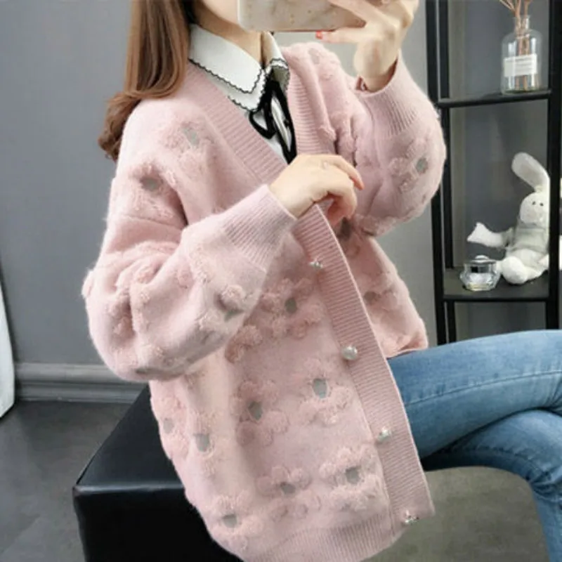 Knit Cardigan Sweater 2021 Spring Autumn New Loose Casual V Collar Lantern Sleeves Lazy Wind Hook Flower Women Y192 |
