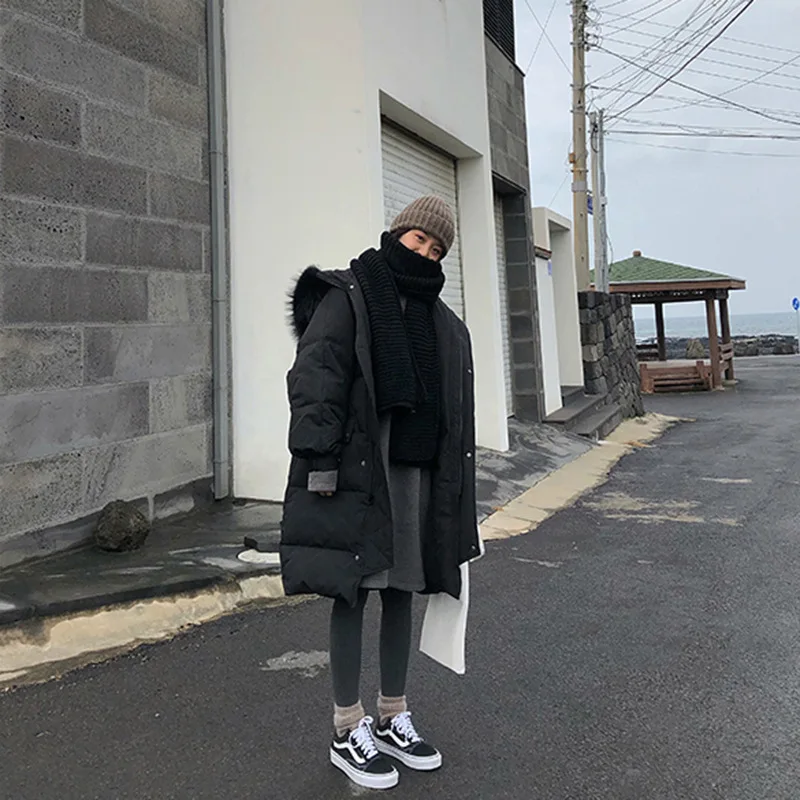 

Jane Deiune New Winter Women Loose Padded Jacket Fur Collar Korean Long Style Thicken Oversized Fashion Outwear