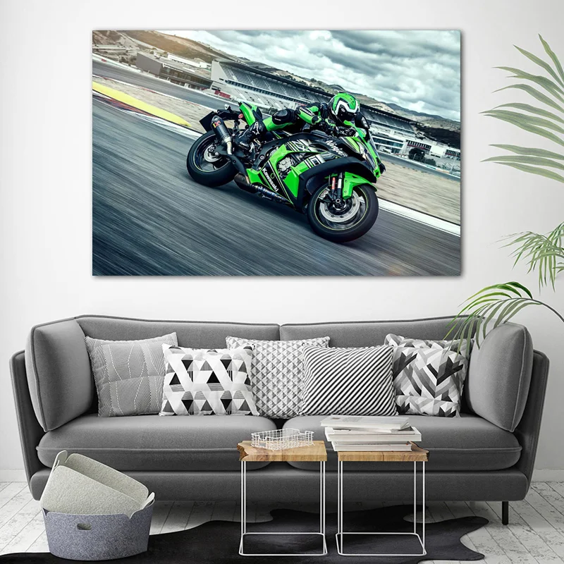 Картины на холсте Зеленый супервелосипед Kawasakis ниндзя Мотогонки спортивные