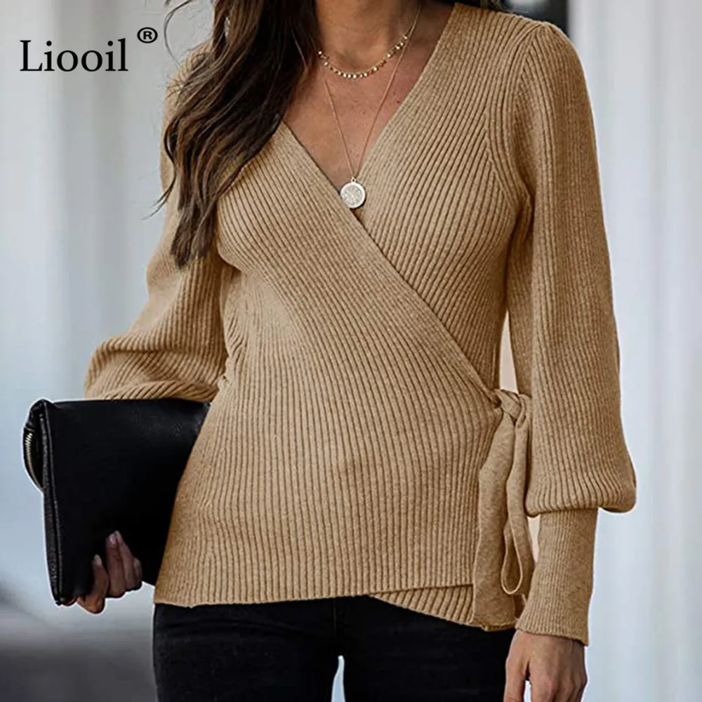 

Liooil Casual Knitted Ribbed Sweater Solid Women 2020 Lantern Sleeve Lace Up Neck Female Autumn Winter Pullovers And Jumpers
