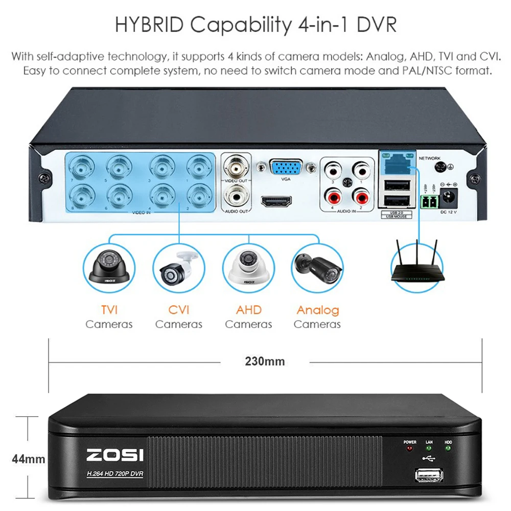 ZOSI 720P 8CH 4-в-1 CVBS AHD TVI CVI камера CCTV Системы Открытый ночного видения Видео Камера безопасности Системы наблюдения DVR Kit