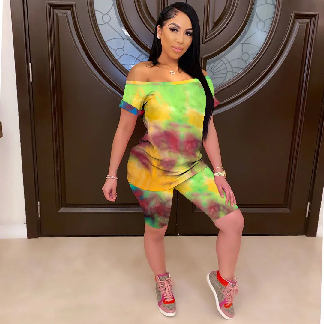 

Tie Dry Print Short Sleeves T-Shirt & Biker Pants Summer Women Casual Fitness 2 Pieces Set Sports Outfits