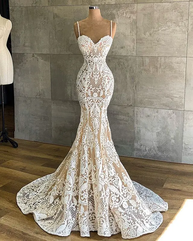 2020 Wedding Dress Sweetheart Lace Applique Mermaid Bridal Gown With Spaghetti Strap