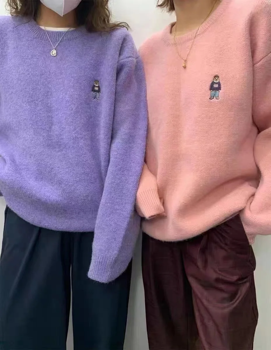 

Женский свитер в Корейском стиле, новинка осень-зима 2021, Свободный пуловер с круглым вырезом, Модная трикотажная рубашка с вышивкой в виде м...