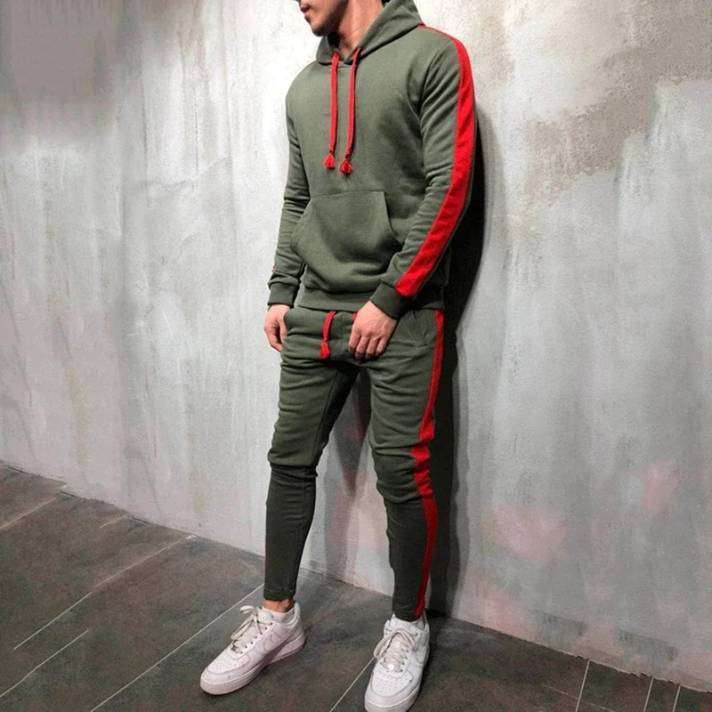 

2021 2 Pieces Sets Tracksuit Men New Brand Autumn Winter Hooded Sweatshirt +Drawstring Pants Male Stripe Patchwork Hoodies Bigsw