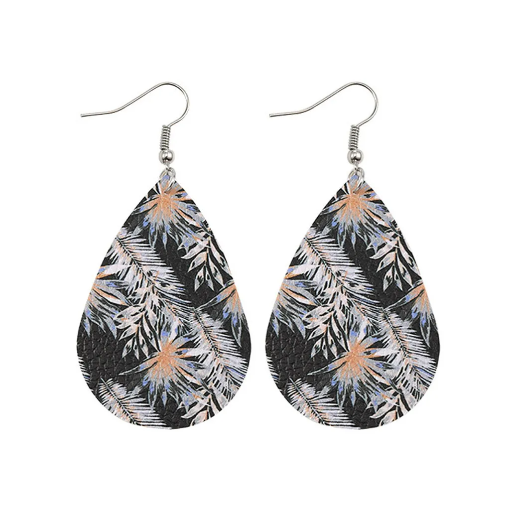 Модные Этнические серьги двухсторонние с принтом каплевидные кожаные сережки