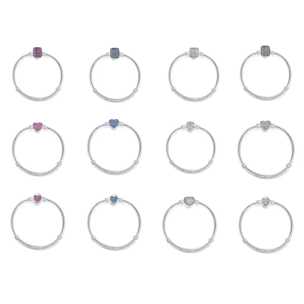 

925 Sterling Silver Bracelets Round Heart Square Buckle Snake Chain Bracelets Red Pink Blue Color Fit For Original Charm Bead