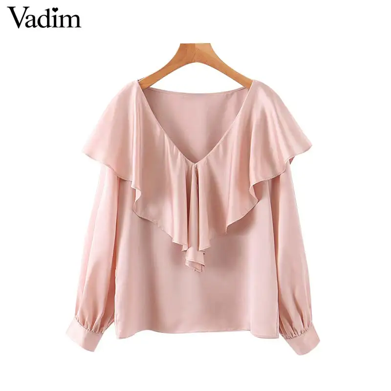 Vadim Женская милая розовая плиссированная блузка с v образным вырезом и длинным