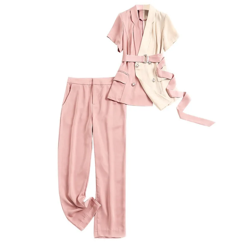 Женский Атласный Костюм с вышивкой комплект 2 шт. 2020 летний двубортный костюм