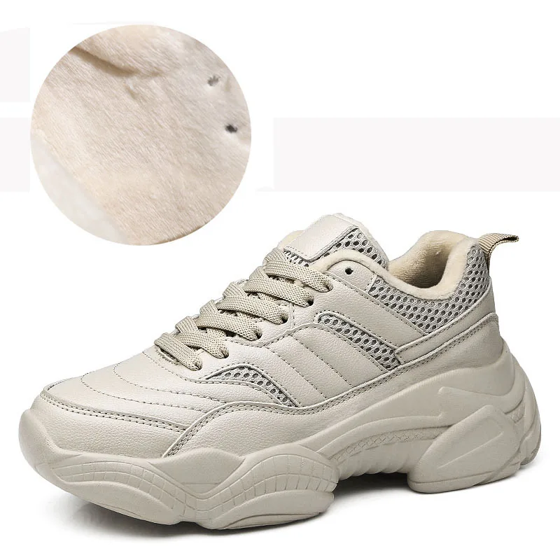 Beige plus velvet Tleni/ женские кроссовки; сезон осень; удобные дышащие кроссовки из искусственной кожи и сетчатого материала на плоской подошве; женские кроссовки на платформе; chaussure Femme ZK-56 - Цвет: Beige plus velvet
