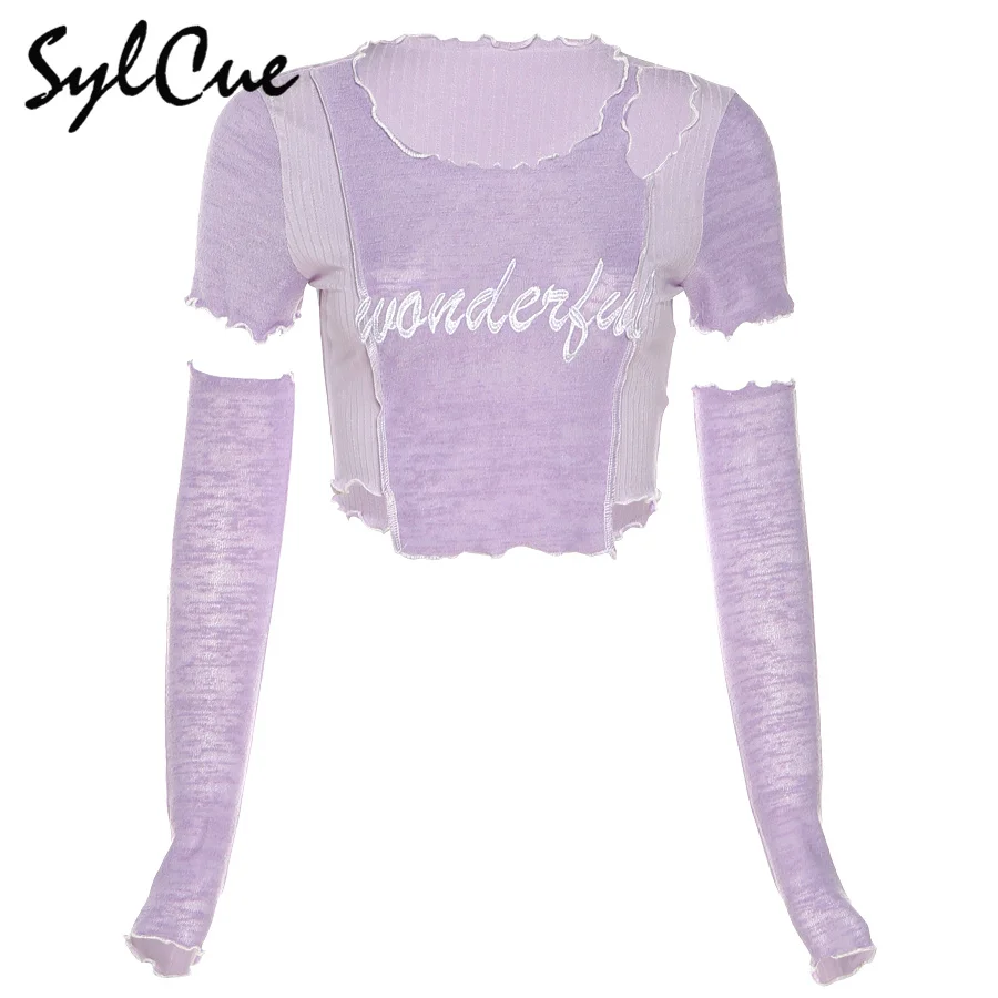 

Sylcue Summer fall two ways wear T-shirt violet short sleeves with yamamoto sleeves fashion trend stretch slim soft crop tops