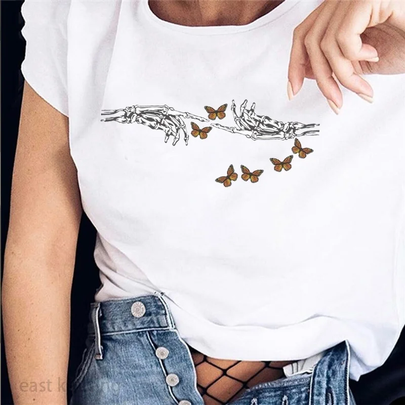 

VIP HJN Skeleton Hand Butterfly Graphic Tee Cotton Casual Funny 90s Fashion Women T-Shirt Harajuku Hipster Female Tee Top