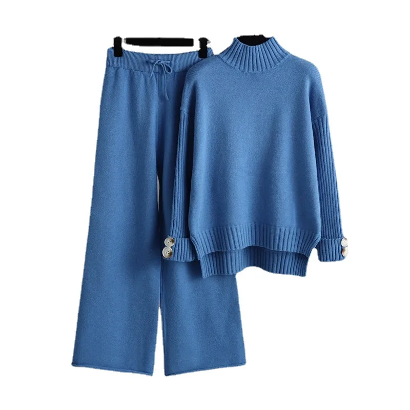 

High Quality Women Girl full Sleeve Turtleneck Pullover Sweater Suits Casual Loose sweaters Knitwear Wide Leg pants Suits sets