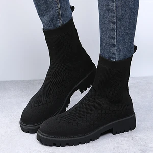 Womens Platform Socks Ankle Boots Autumn 2021 New Breathable Short Square Heel Round Head Womens Comfortable Casual Boots