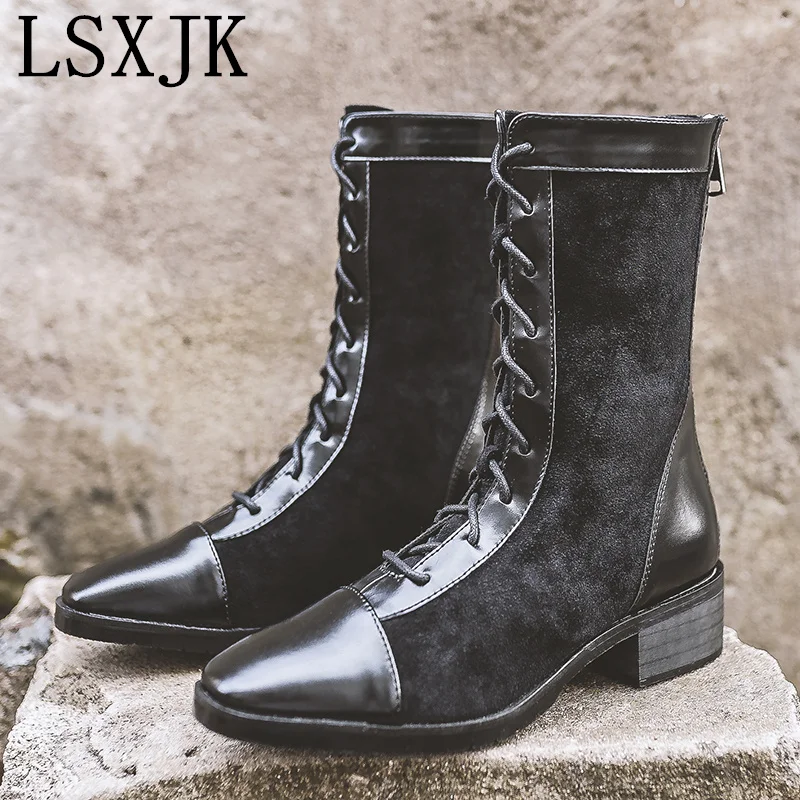 

Зимние новые короткие сапоги LSXJK на толстом каблуке женские мотоциклетные сапоги средней длины на шнуровке ботинки мартинсы женские высокие