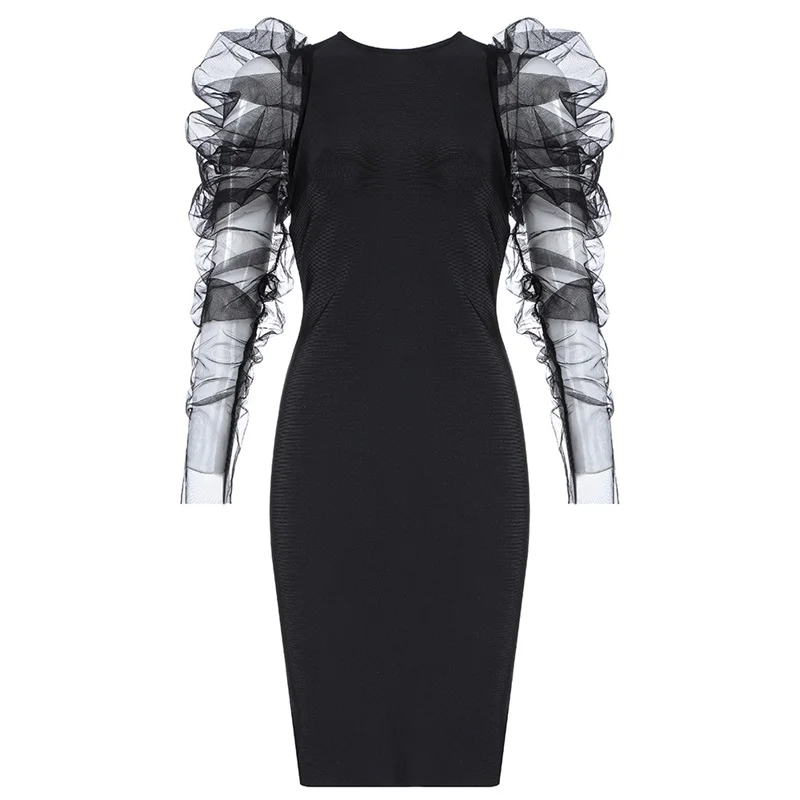 Вязаное женское Бандажное платье сексуальное с пышными рукавами и круглым