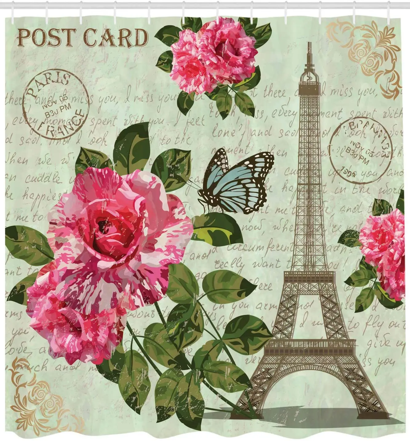 Paris Shower Curtain Shabby Chic Romantic Roses Flowers Leaves with Eiffel Tower and Abstract Lettering Fabric Bathroom Decor | Дом и сад