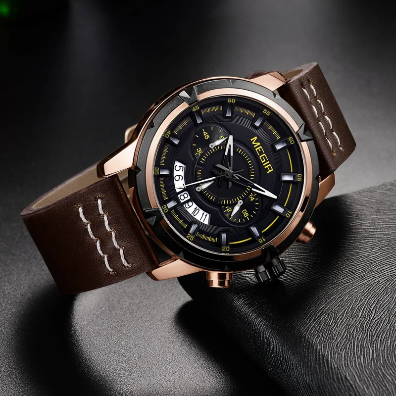 

MEGIR Men Watches Brand Luxury Leather Strap Waterproof Sport Quartz Chronograph Military Watch Men Clock Relogio Masculino 2019