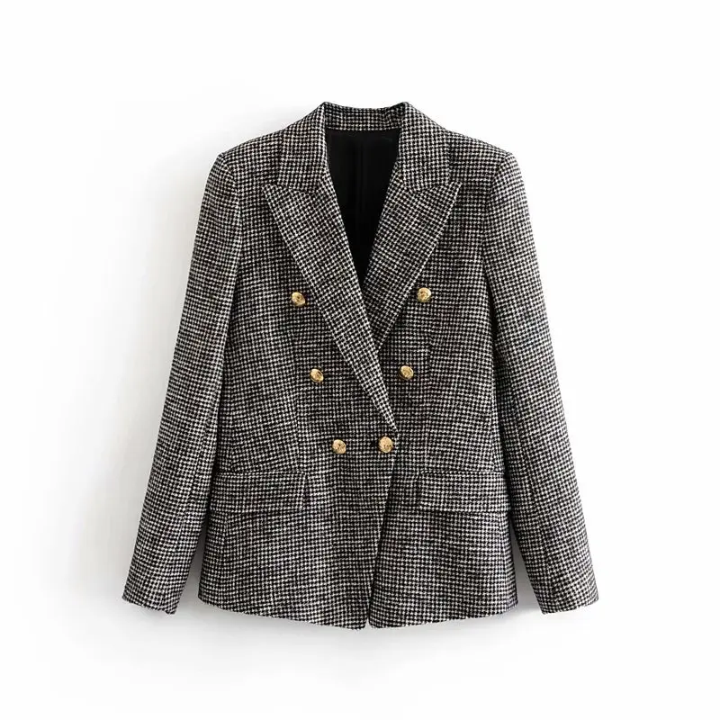 Женский зимний твидовый пиджак двубортный Теплый офисный блейзер повседневная