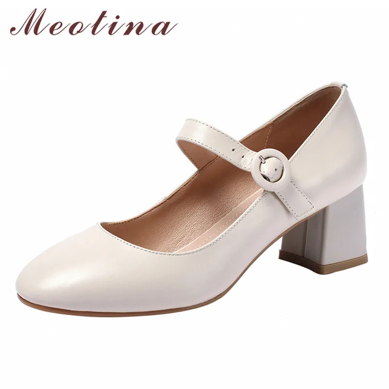 

Meotina High Heels Women Mary Janes Shoes Natural Genuine Leather Chunky High Heel Shoes Buckle Round Toe Pumps Lady Size 34-39