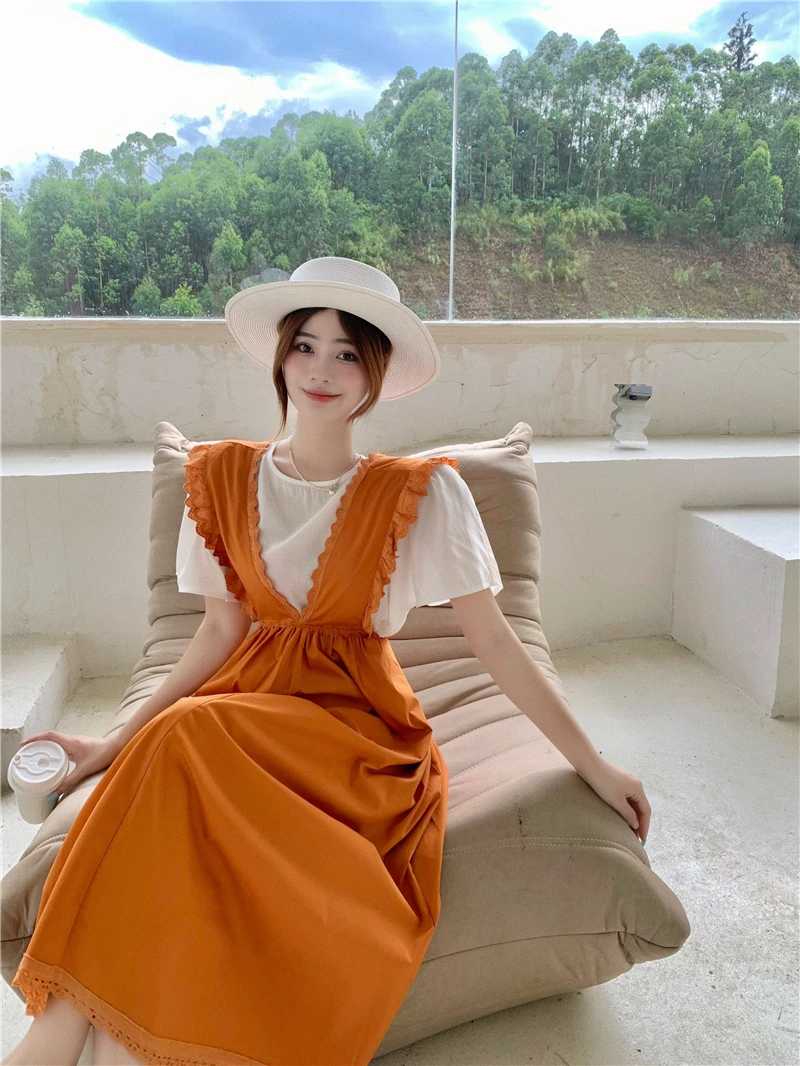 

French lace-up accept waist shoulder-straps dress design feeling gas + round collar pure color T-shirt fashion suits