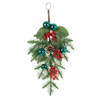 24 inch artificial pine christmas wreath with berries pine cones and blue ball ornaments for indoor wall home decor