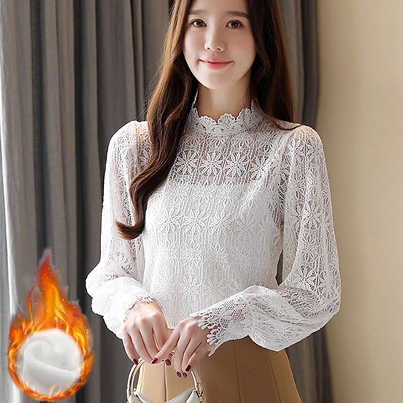 Блузки с длинным рукавом и кружевными цветами весенние топы blusas mujer de moda 2020 новые