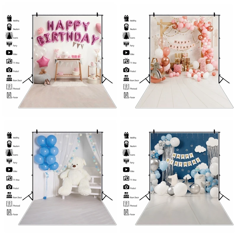 

Yeele Photocall Backdrop Props Happy Birthday Party Decor Balloon Wood Floor Background Photography Customized For Studio Shoots