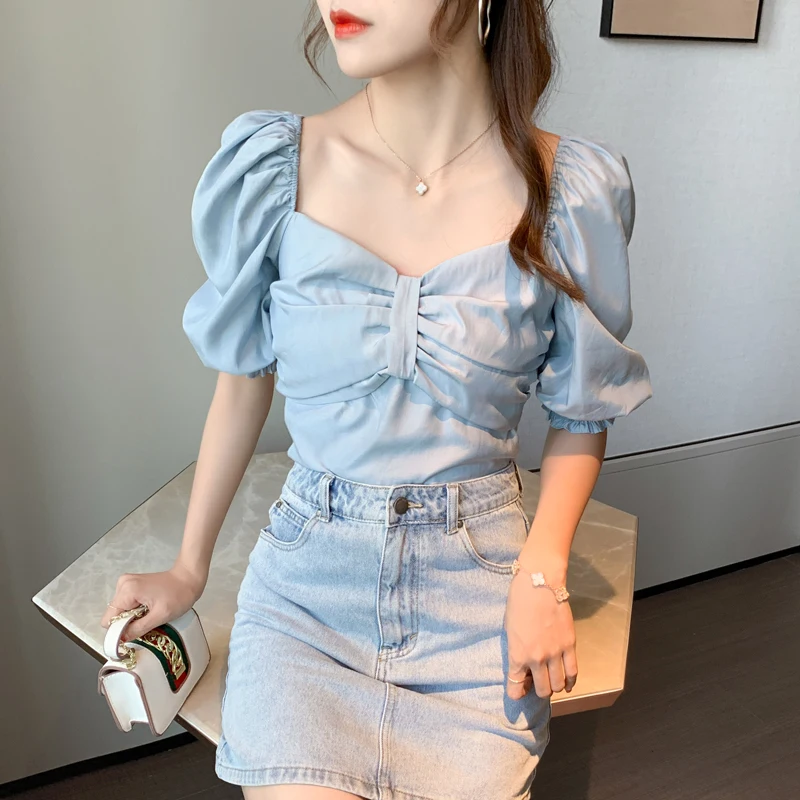 COIGARSAM короткая блузка женская новая летняя шифоновая Пышный рукав бант блузки