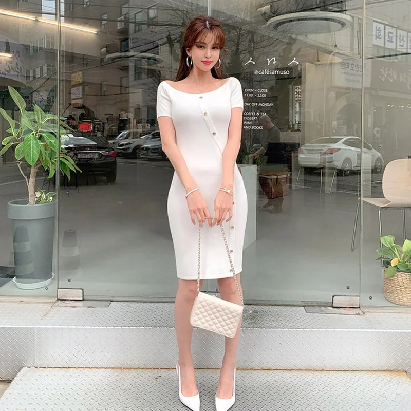Robe tricotée à une épaule pour femmes, mode coréenne, tenue d'été, nouveau style, taille amincissante, hanches, bureau, sans manches