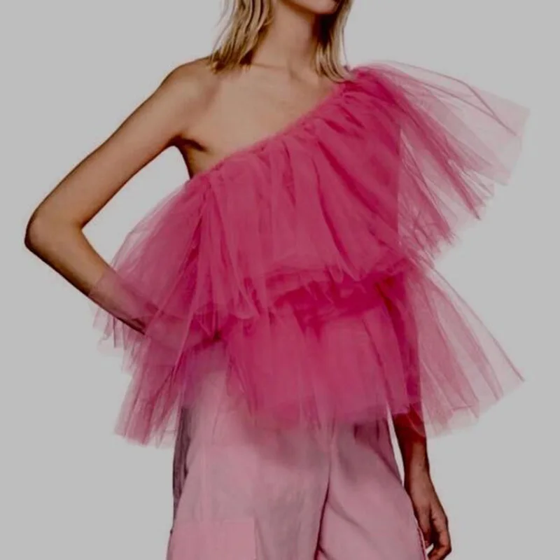 New Fuchsia One Shoulder Shirt Chic Ruffle Tulle Blouse Wear Females High Quality Tiered Tulle Tops Custom Made Any Color Free