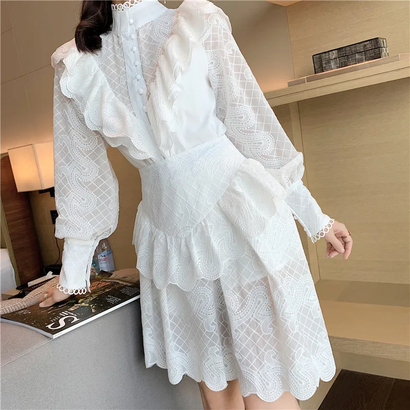 

Royal Style Women Ruffled Puffy Sleeve Lace Shirt Top and Chic Ruffles High Waist Skirt One Set TN328