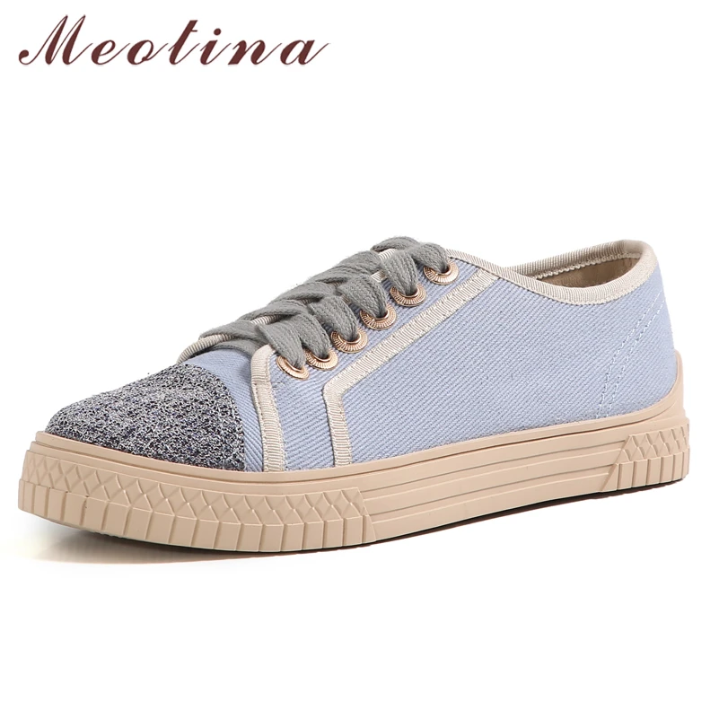 

Meotina Flats Shoes Woman Flat Lace up Shoes Round Toe Ladies Footwear 2021 Autumn Flats Fashion Shoes Blue White Size 34-39