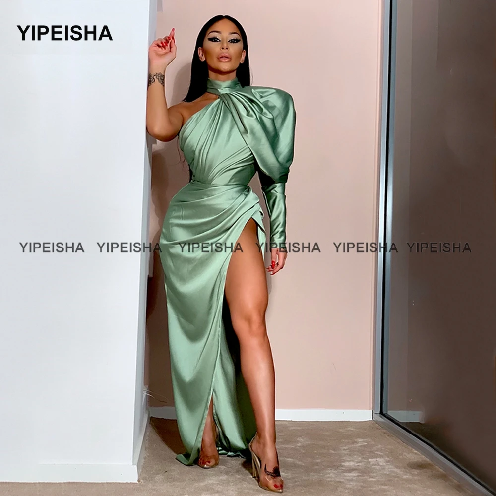 

Yipeisha One Shoulder High Slit Evening Dress Mermaid Sexy Split Prom Gowns Floor-length Long Satin Celebrity Dress