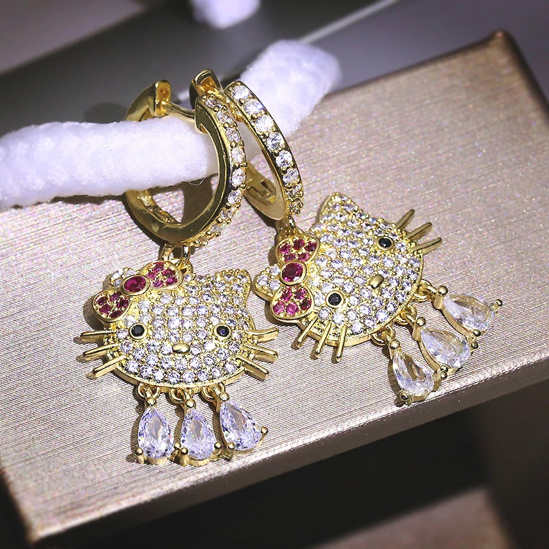 Женские серьги в виде котенка золотого и желтого цвета с кристаллами | Украшения