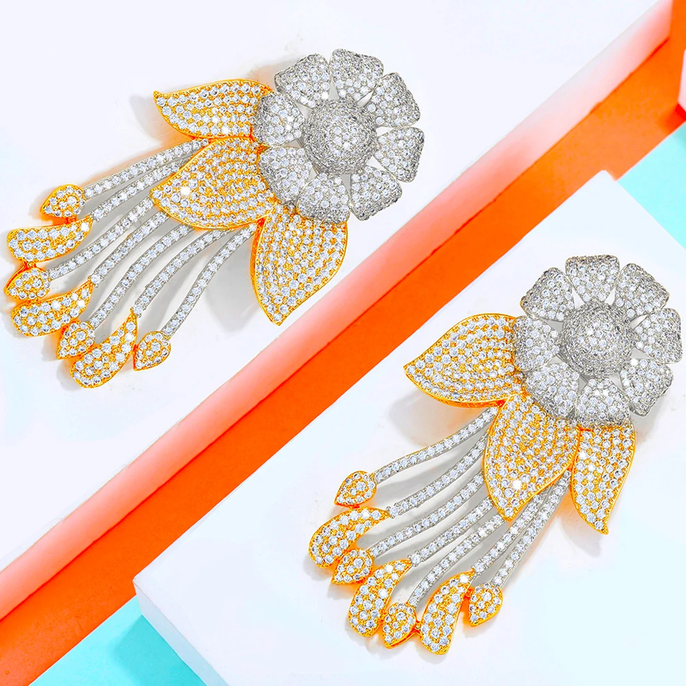 

New Luxury Big Sunflower Earrings For Women Nigerian Style Full Cubic Zirconia Inlaid Dangle Drop Earrings Statement Jewelry