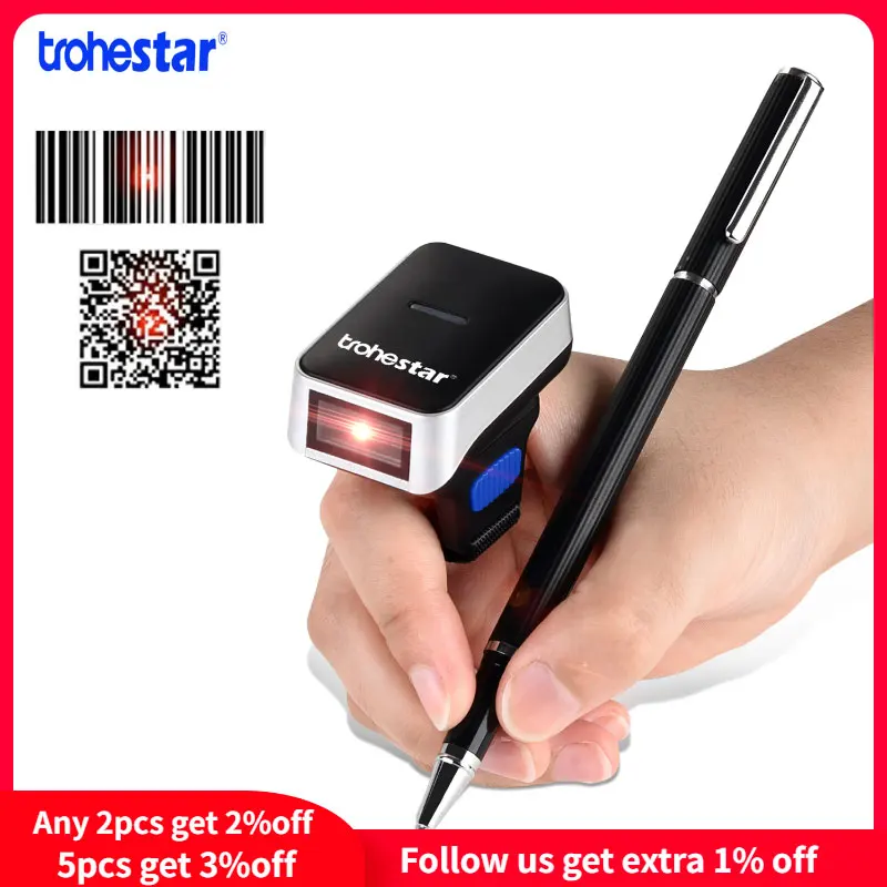 Сканер штрих кода Trohestar 1D 2D Портативный QR код Bluetooth сканер PDF портативный мини