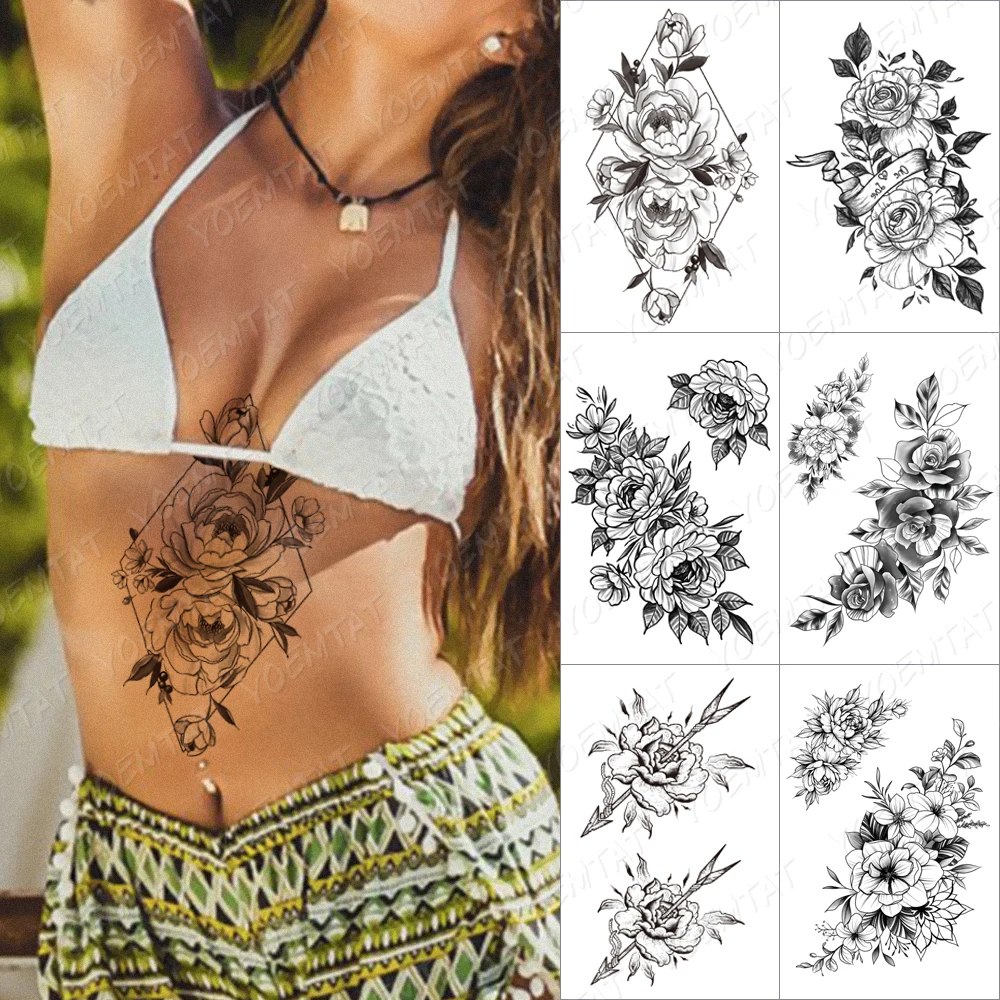 

Rhombus Peony Rose Temporary Tattoo Sticker For Men Women Adult Flowers Waterproof Fake Henna Minimalist Lines Body Art Tatoo