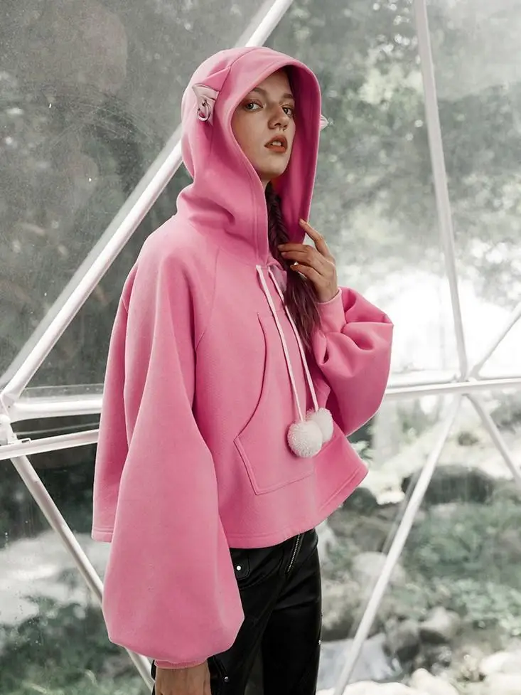 Панк рейв женские готические кошачьи уши помпоны с пышными рукавами толстовки