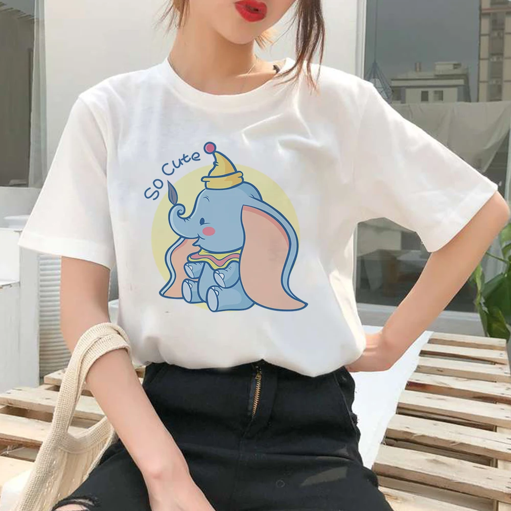 

Disney Young Style Lady T-shirts Cute Dumbo Elephant Cartoon Print Short Sleeve Clothes White O-neck Tshirt Casual Girls Tee Top