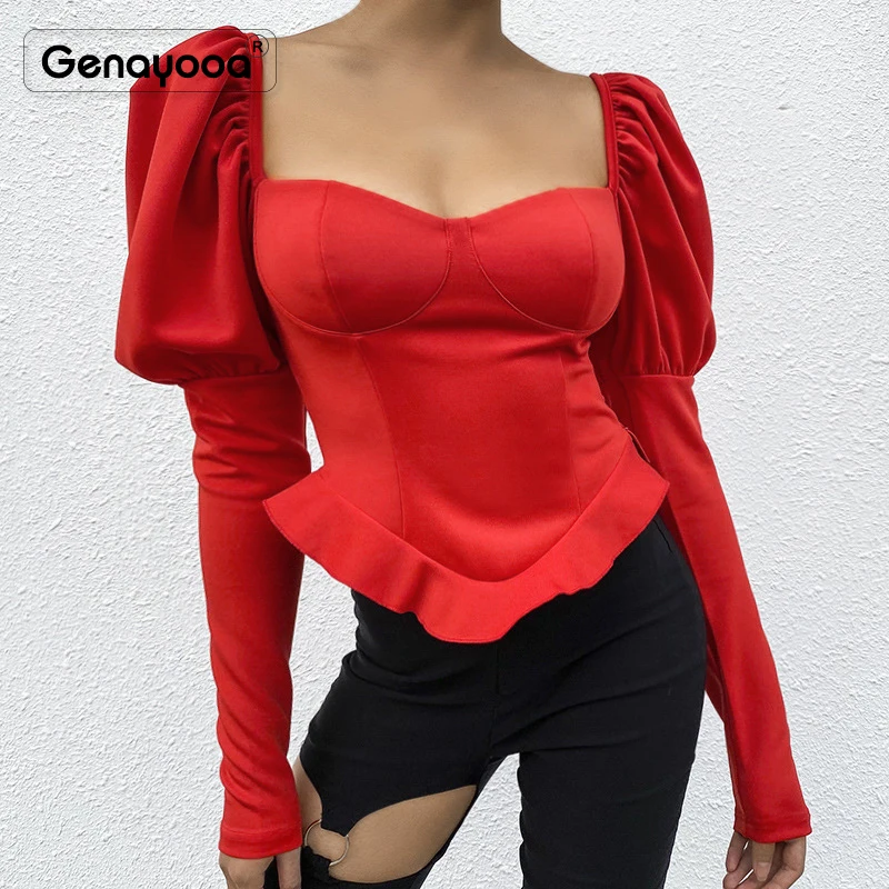 Genayoa футболка с длинным рукавом для женщин пышными рукавами укороченный топ