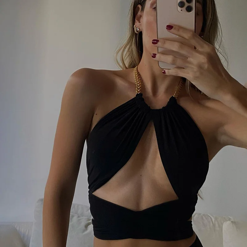 

Fashion Bandage Sexy Chain Halter Crop Tops for Women Hollow Sleeveless Top Cropped Club Party Outfits Summer 2021
