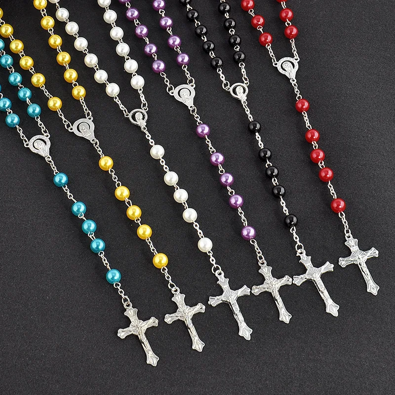 

Fashion Imitation Pearl Jesus Cross Pendant Rosary Long Chain Christian Religious Necklace Sweater Chain Men and Women Jewelry