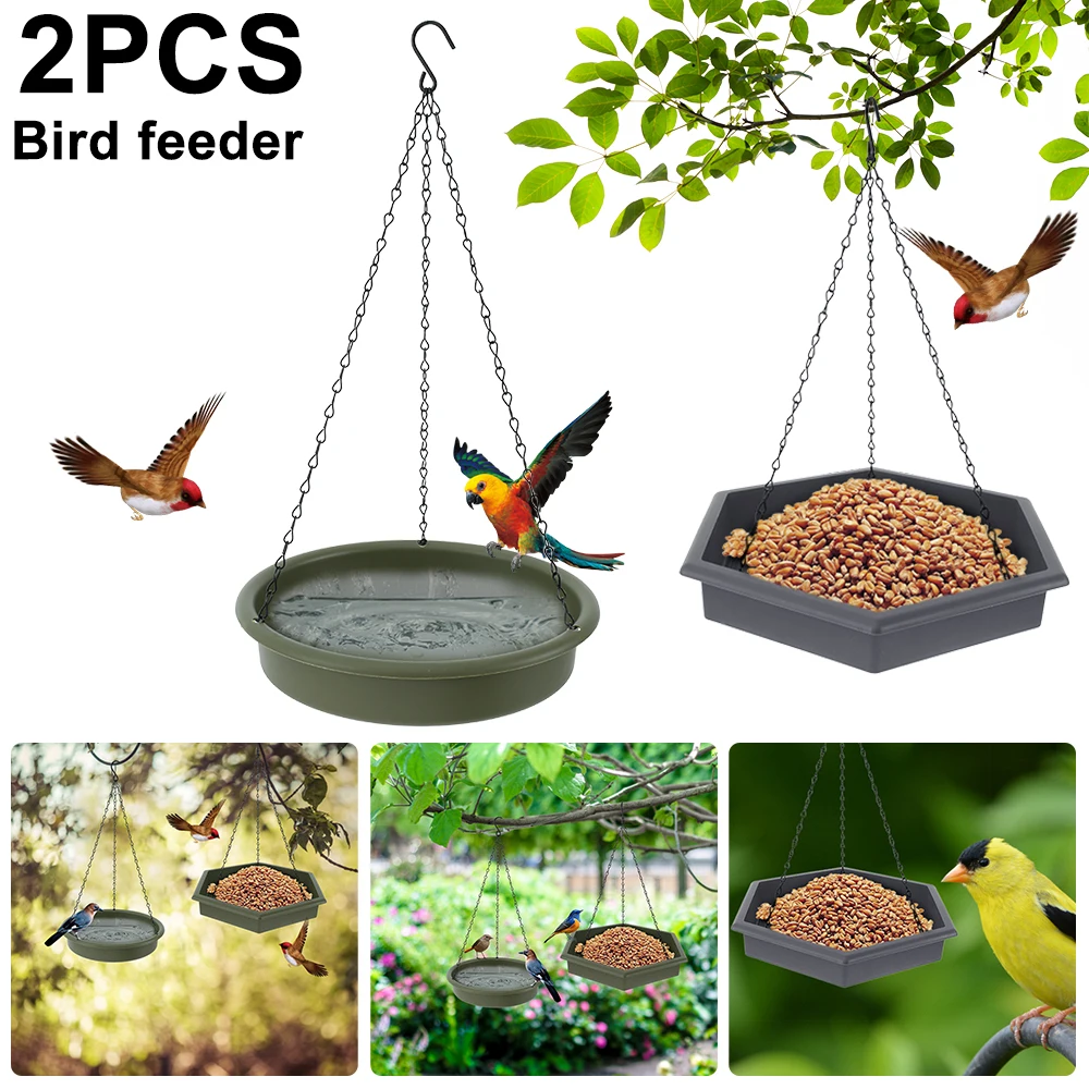 

2Pcs Hanging Bird Feeder Tray 2 in 1 Bird Platform Feeder Bird Bath Feeder Seed Tray Outdoor Wild Bird Feeding Station Metal